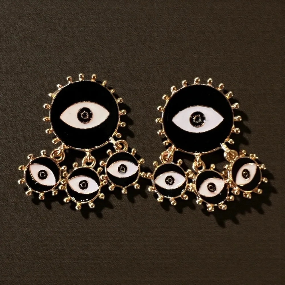 Chic Black and Gold Toned Evil Eye Dangling Earrings